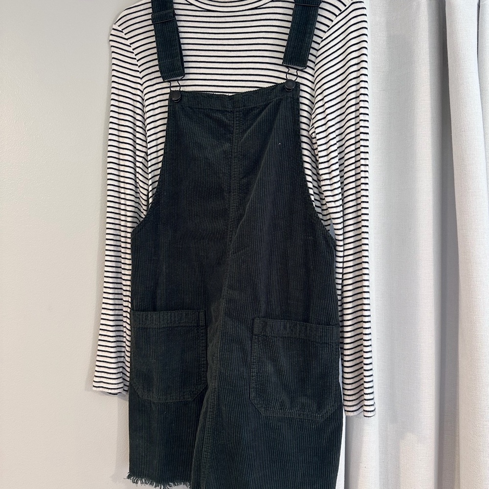 Dark Green Corduroy Overall Dress with Striped Turtleneck Top